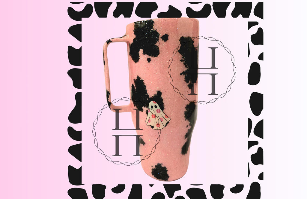Spooky Pink Cow Glitter Tumbler 24 oz | Halloween Cow Print Cup with Handle, Lid & Straw