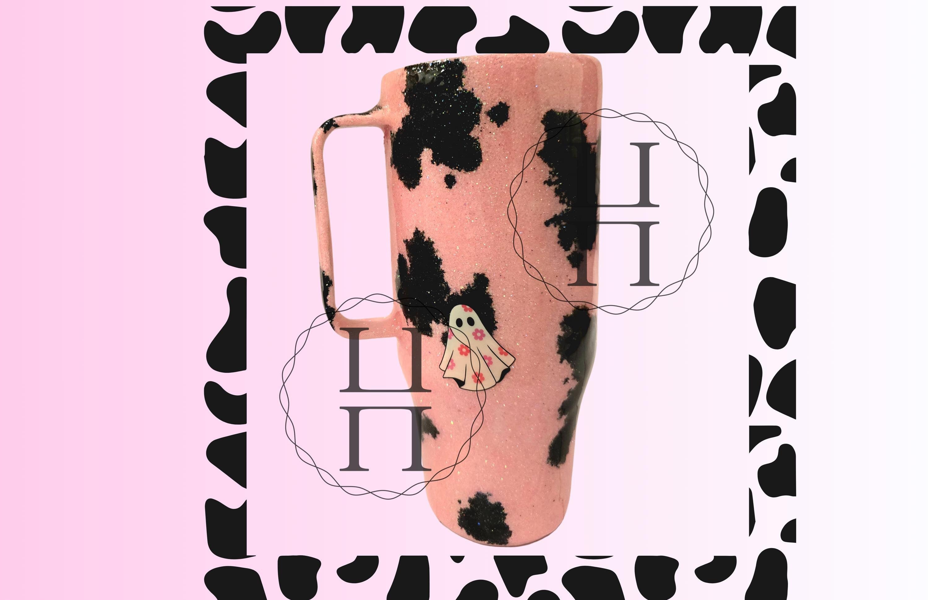 Spooky Pink Cow Glitter Tumbler 24 oz | Halloween Cow Print Cup with Handle, Lid & Straw