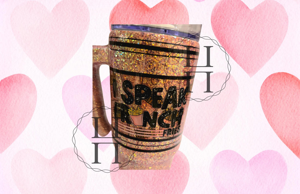 Love Language French Fries Valentine 30 oz Glitter Tumbler | Handcrafted Insulated Cup with Handle, Lid & Straw