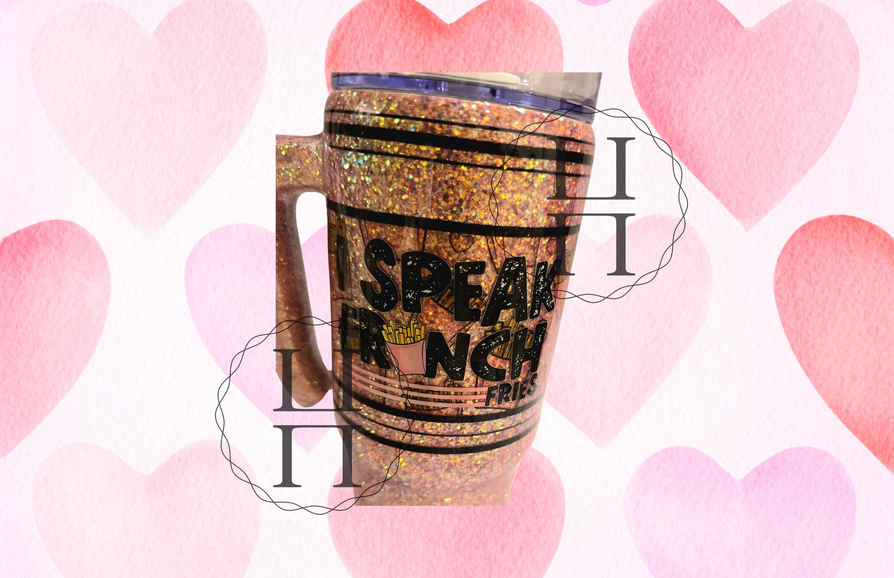 Love Language French Fries Valentine 30 oz Glitter Tumbler | Handcrafted Insulated Cup with Handle, Lid & Straw