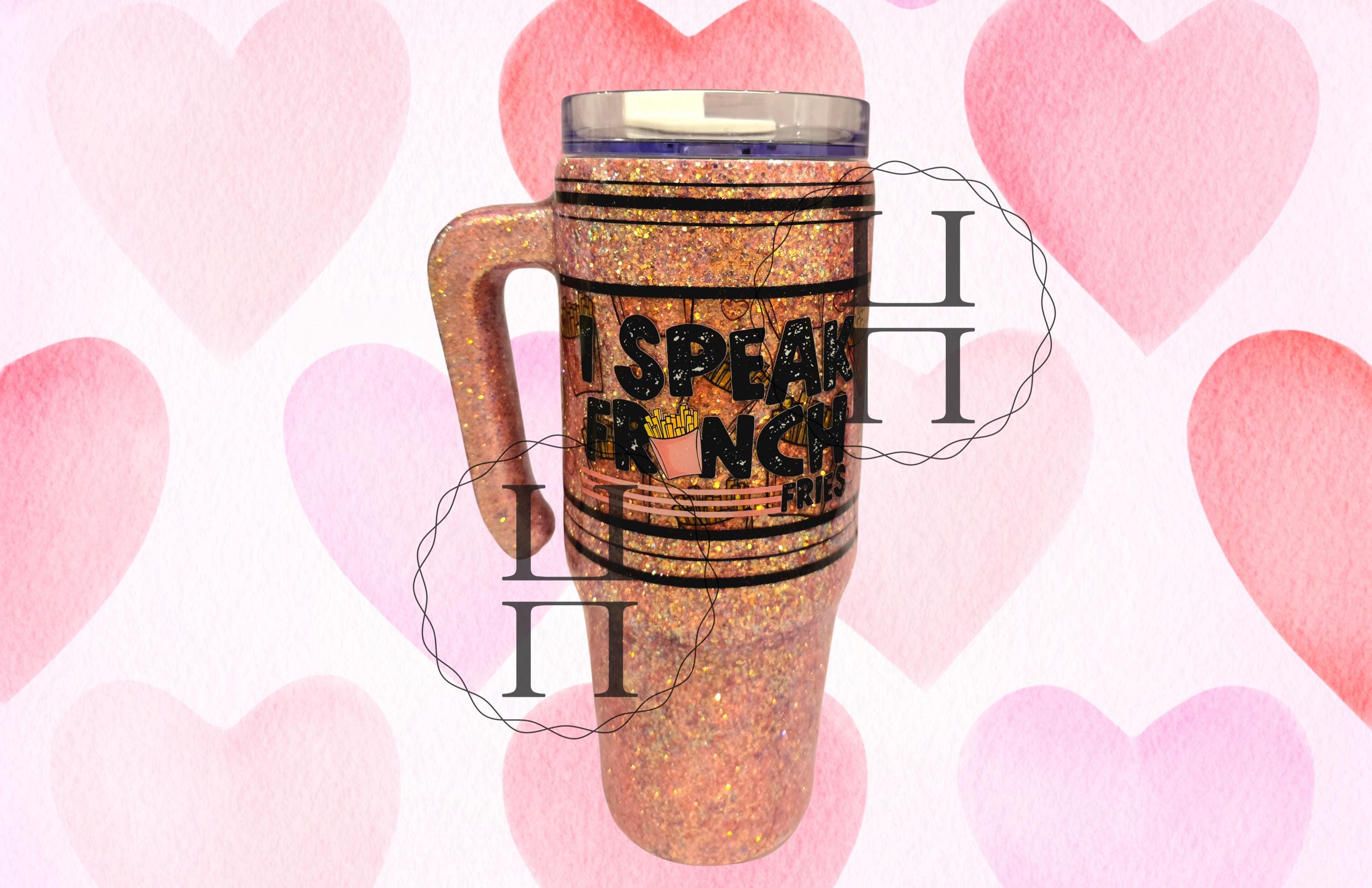 Love Language French Fries Valentine 30 oz Glitter Tumbler | Handcrafted Insulated Cup with Handle, Lid & Straw