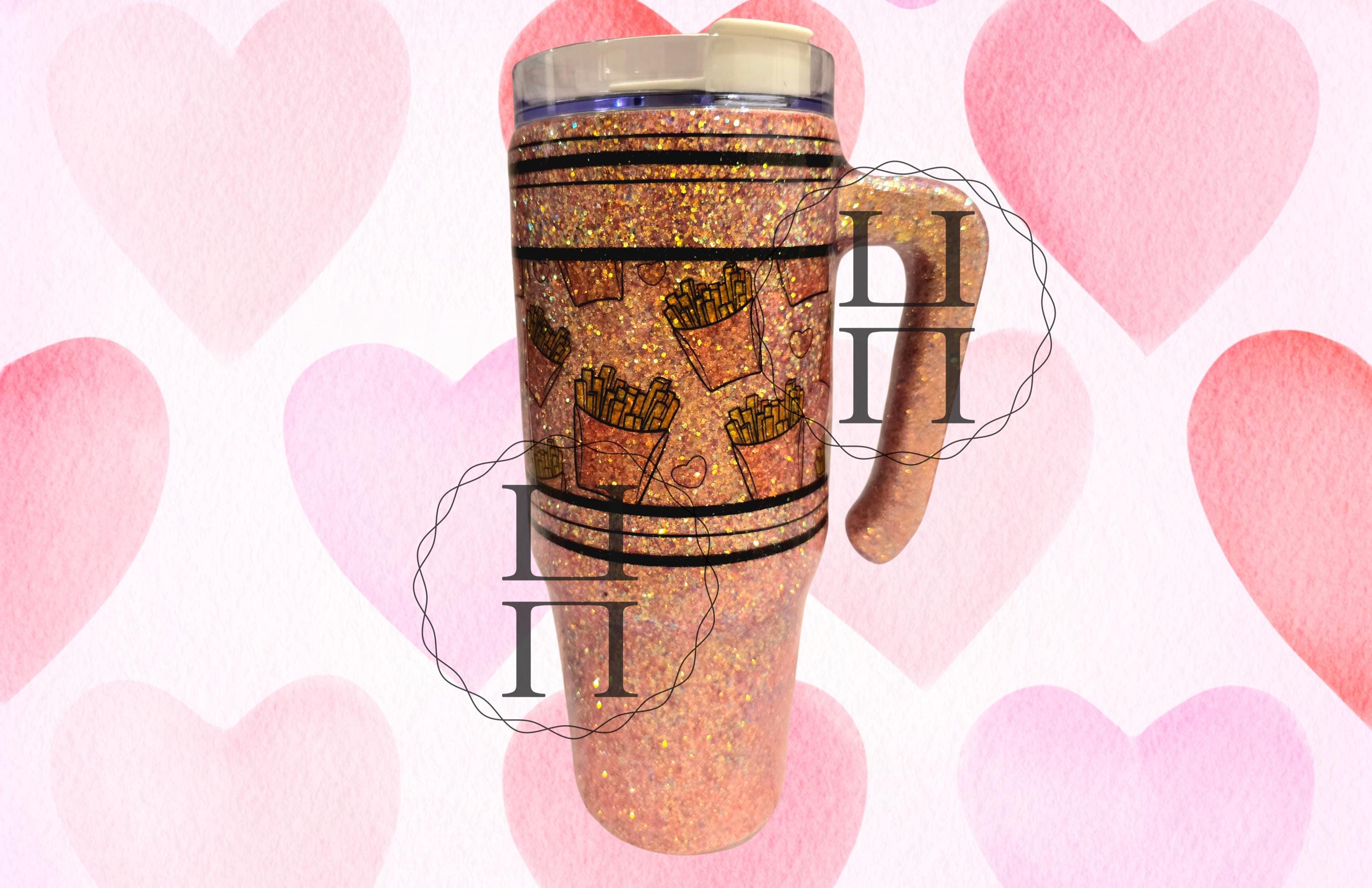 Love Language French Fries Valentine 30 oz Glitter Tumbler | Handcrafted Insulated Cup with Handle, Lid & Straw