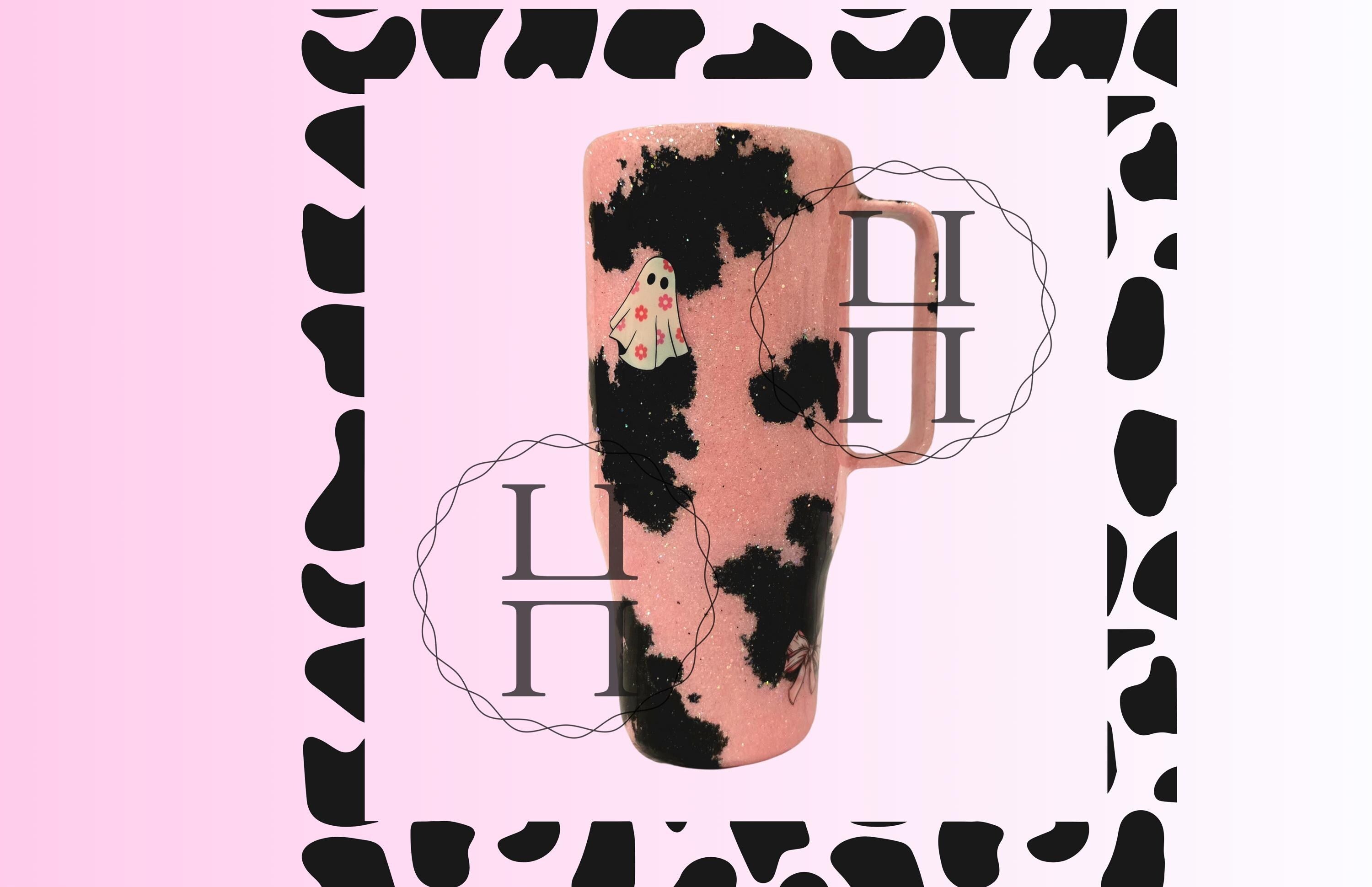 Spooky Pink Cow Glitter Tumbler 24 oz | Halloween Cow Print Cup with Handle, Lid & Straw