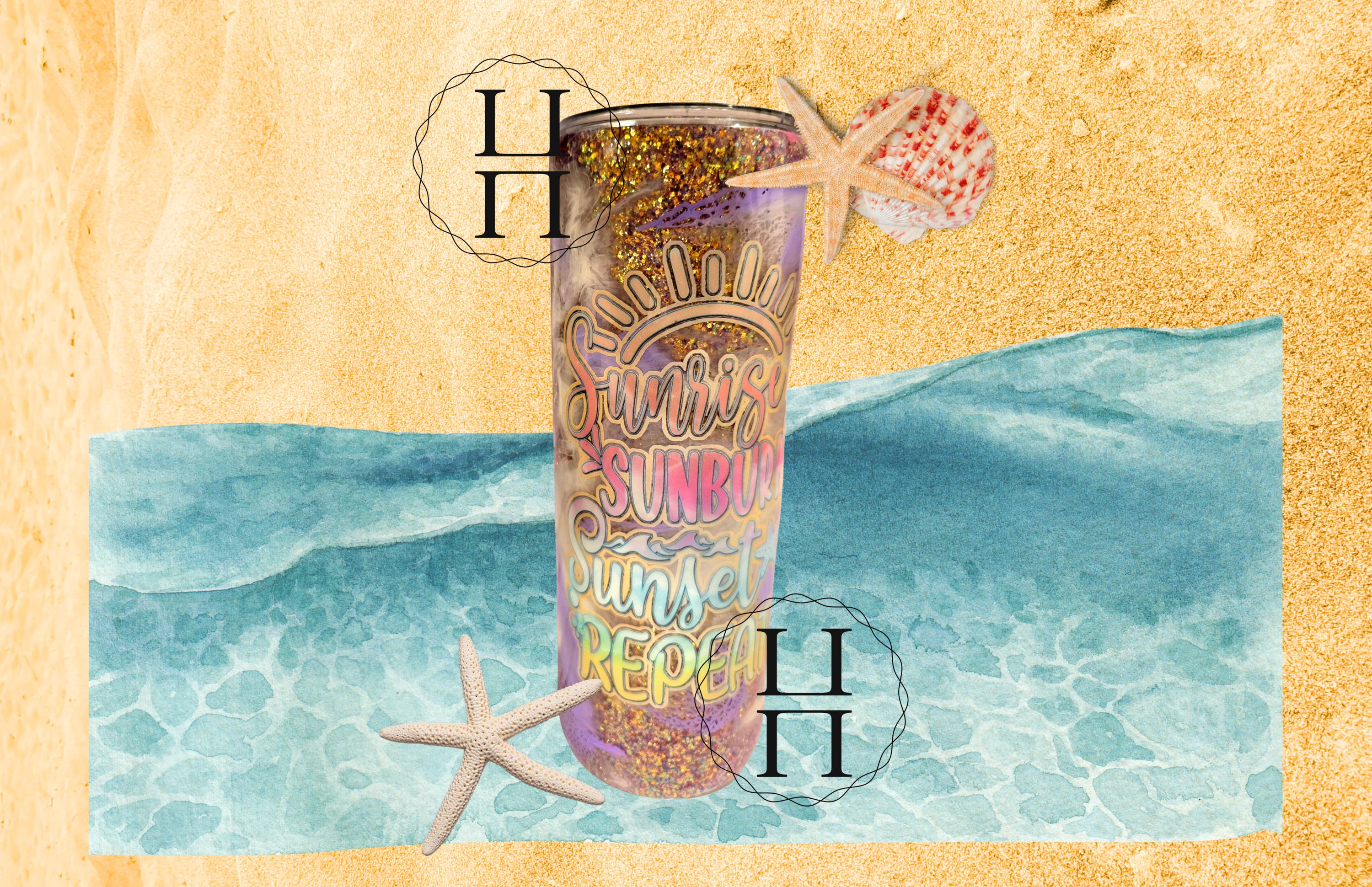 Beachy Sunrise Sunset Repeat 20 oz Glitter Tumbler | Purple Waves Stainless Steel Cup with Lid & Straw