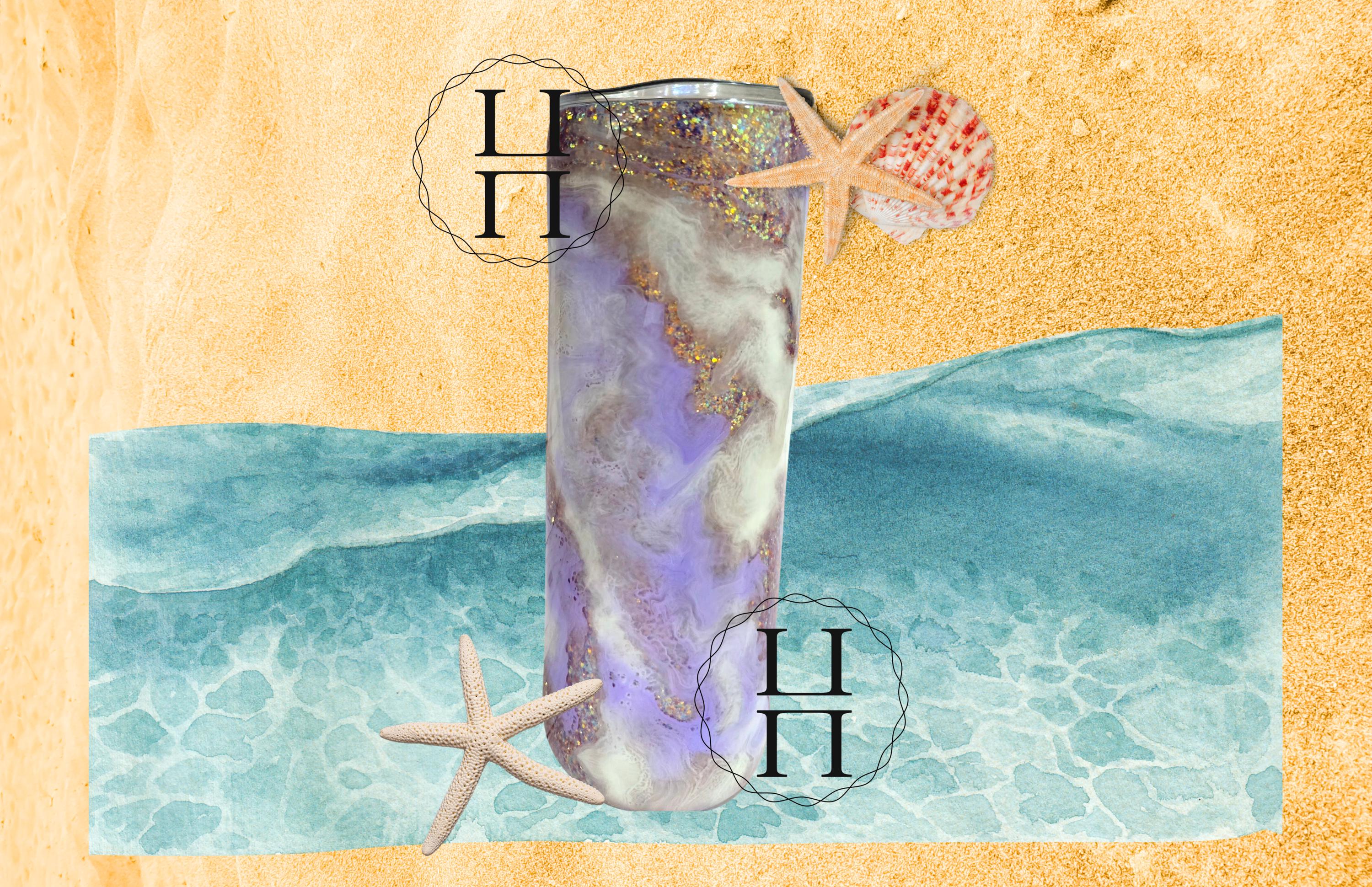 Beachy Sunrise Sunset Repeat 20 oz Glitter Tumbler | Purple Waves Stainless Steel Cup with Lid & Straw