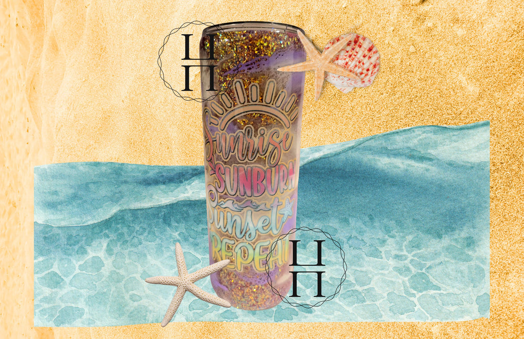Beachy Sunrise Sunset Repeat 20 oz Glitter Tumbler | Purple Waves Stainless Steel Cup with Lid & Straw