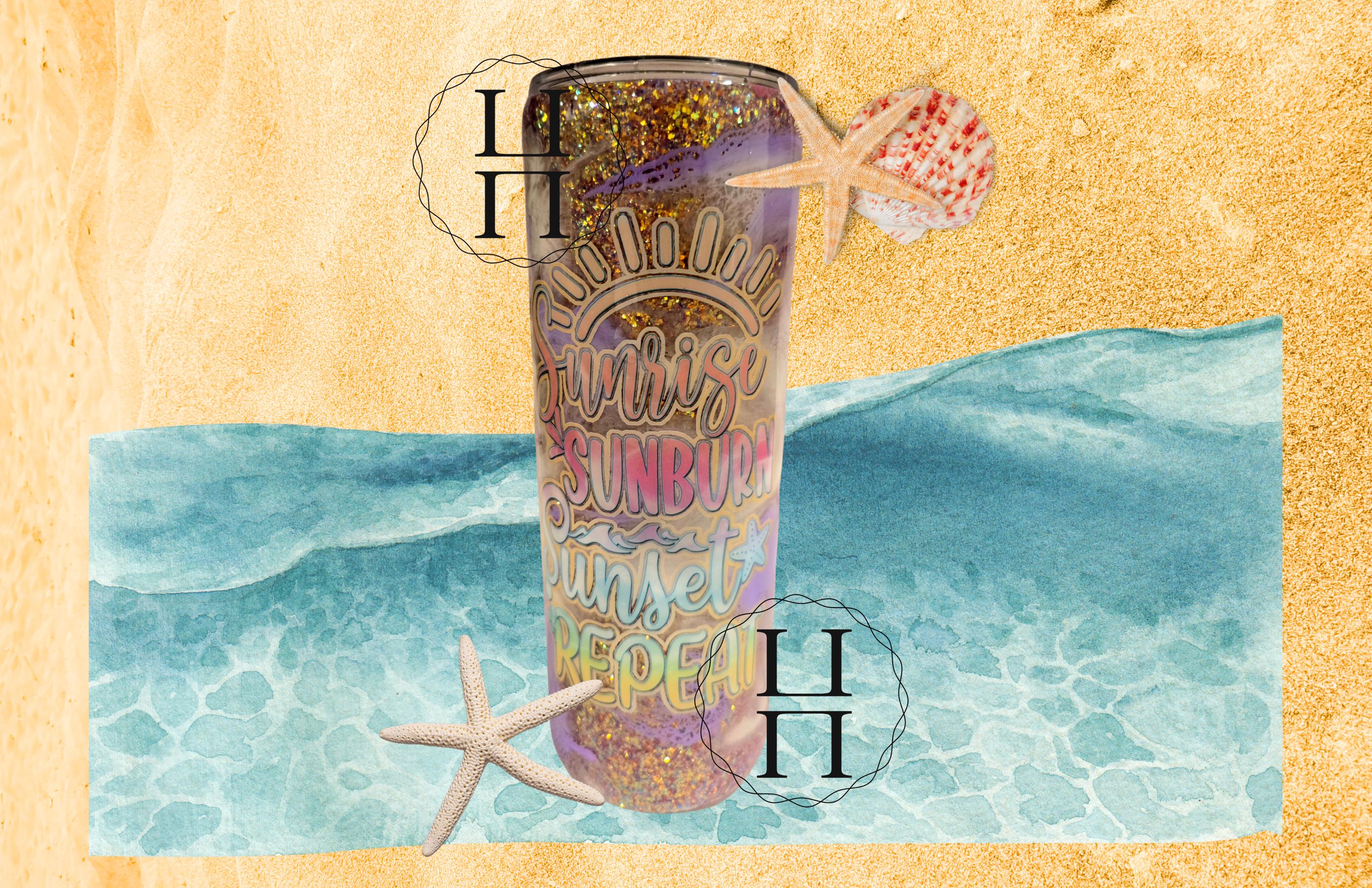 Beachy Sunrise Sunset Repeat 20 oz Glitter Tumbler | Purple Waves Stainless Steel Cup with Lid & Straw